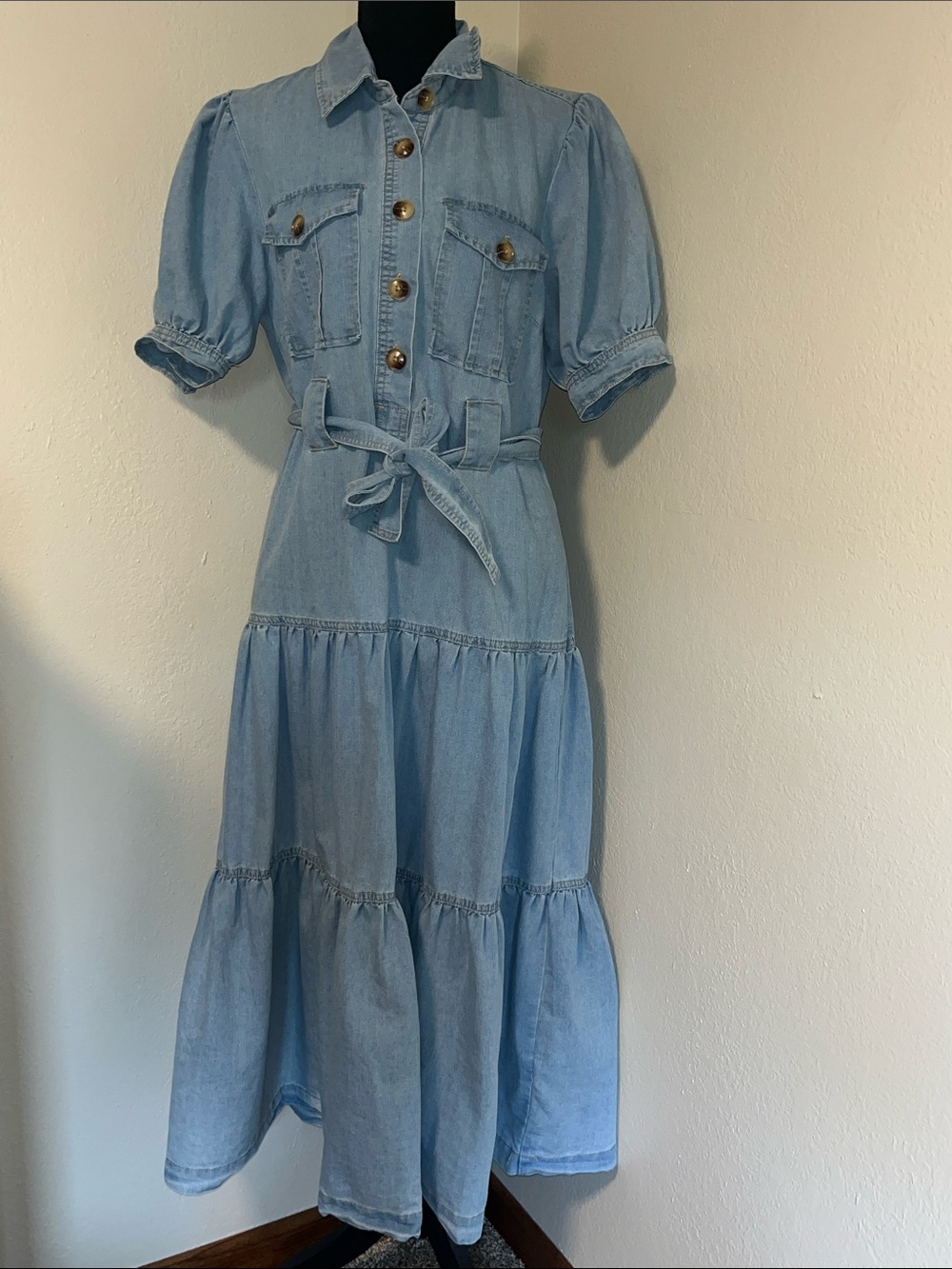 Elan Light Blue Denim Tiered Shirt Dress with Belt-Large